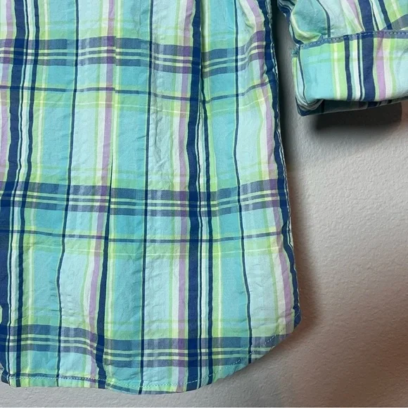 L.L. Bean Button Up Front Shirt Blouse Cotton Blue Green Plaid Size Large - Picture 4 of 9